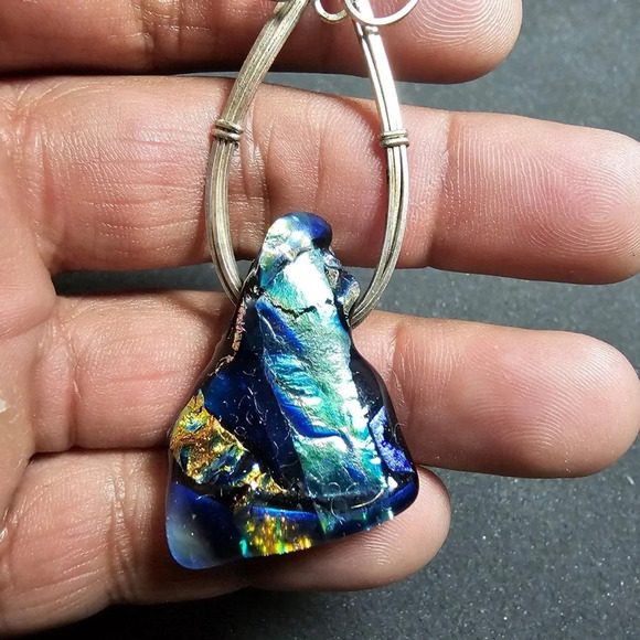 Sterling Silver Wire Wrapped Dichroic Glass Rainbow Green Blue Pendant - Picture 2 of 10